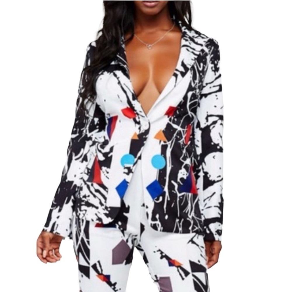 L'ATISTE Abstract Black and White Blazer